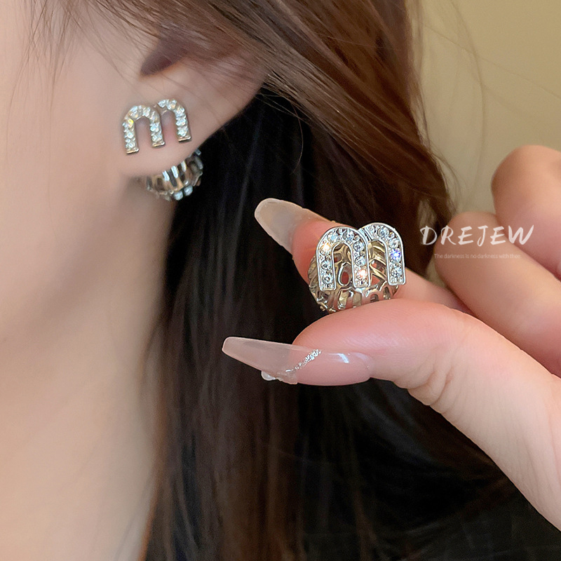 DREJEW ต่างหูเข็มเงิน 925 จี้ตัวอักษร ประดับเพชร ทรงกลม สองด้าน หรูหรา สไตล์ฝรั่งเศส เรโทร แฟชั่น สําหรับผู้หญิง