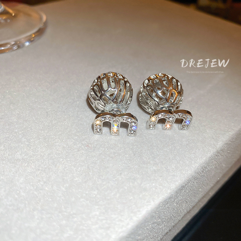 DREJEW ต่างหูเข็มเงิน 925 จี้ตัวอักษร ประดับเพชร ทรงกลม สองด้าน หรูหรา สไตล์ฝรั่งเศส เรโทร แฟชั่น สําหรับผู้หญิง