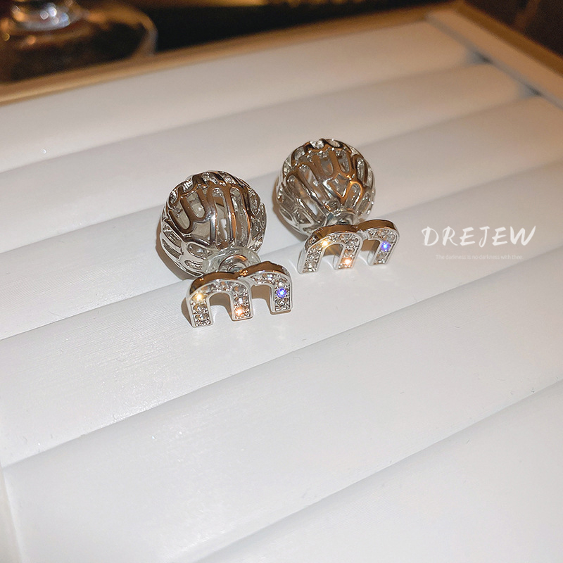 DREJEW ต่างหูเข็มเงิน 925 จี้ตัวอักษร ประดับเพชร ทรงกลม สองด้าน หรูหรา สไตล์ฝรั่งเศส เรโทร แฟชั่น สําหรับผู้หญิง