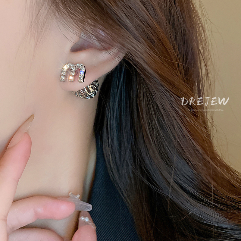 DREJEW ต่างหูเข็มเงิน 925 จี้ตัวอักษร ประดับเพชร ทรงกลม สองด้าน หรูหรา สไตล์ฝรั่งเศส เรโทร แฟชั่น สําหรับผู้หญิง