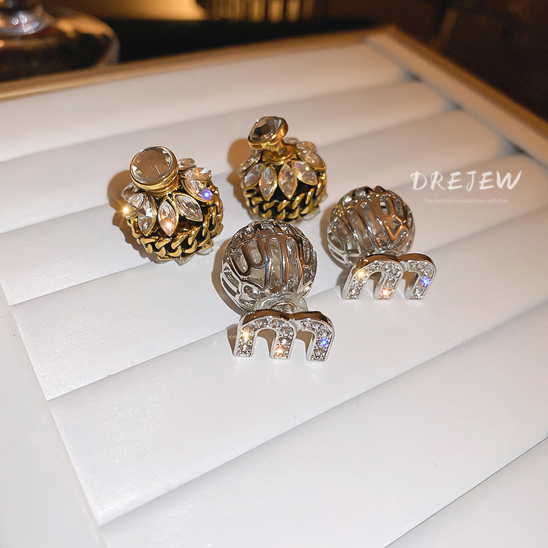 DREJEW ต่างหูเข็มเงิน 925 จี้ตัวอักษร ประดับเพชร ทรงกลม สองด้าน หรูหรา สไตล์ฝรั่งเศส เรโทร แฟชั่น สําหรับผู้หญิง