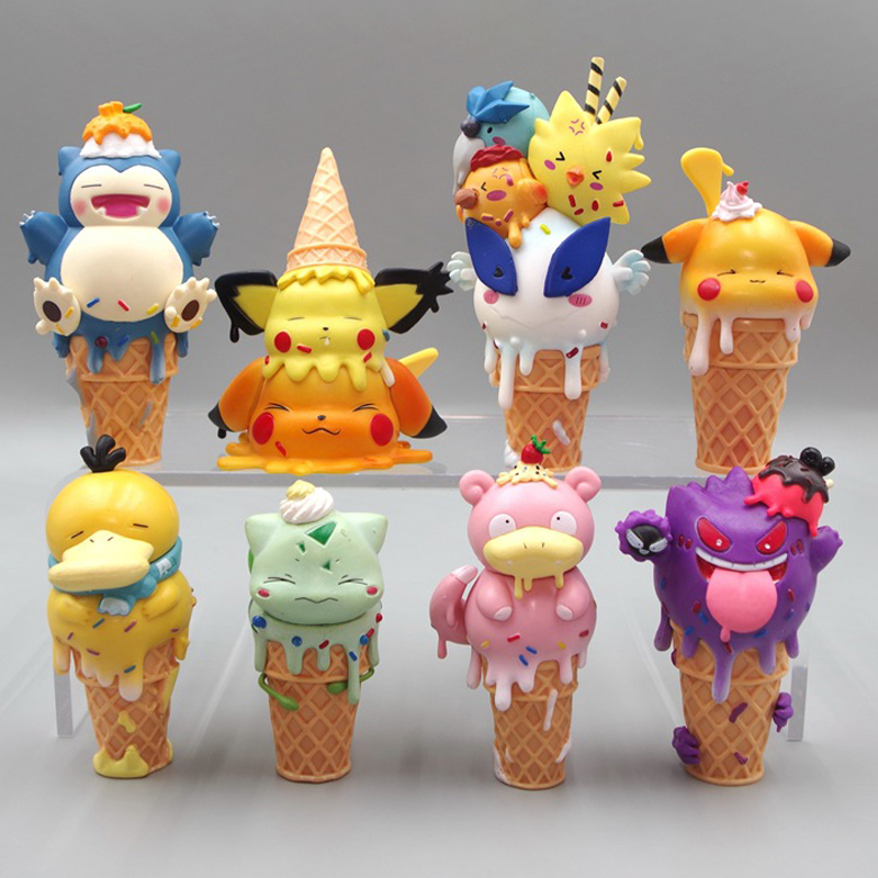 8 ชิ้น/เซ็ต 8-11.5 ซม.อะนิเมะรูป Pikachu Snorlax Psyduck Slowpoke Gengar Pichu Bulbasaur Lugia ไอศกรีมโคน PVC ตัวเลขการกระทําตุ๊กตาของเล่น