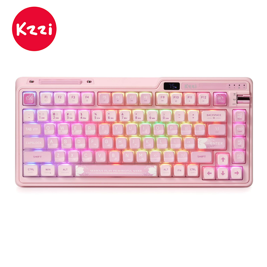 Kzzi Kezhi K75 Pro+ ปะเก็นคีย์บอร์ดเล่นเกมไร้สาย RGB 75% ลายซากุระ สีชมพู สีเงิน