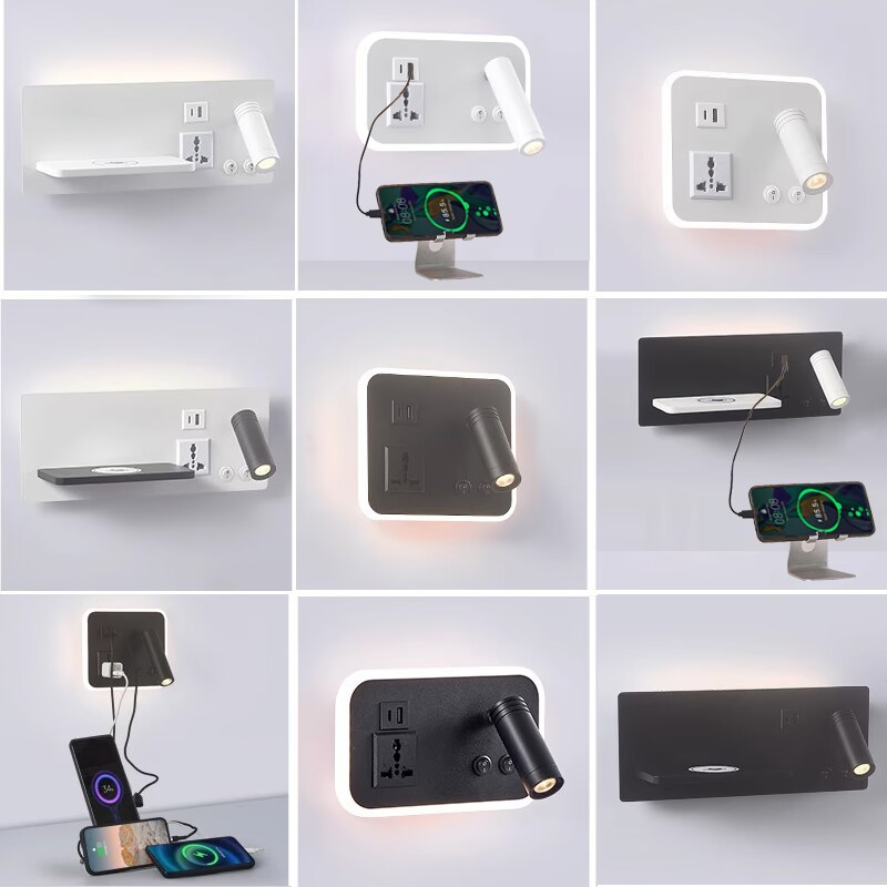 โคมไฟติดผนังอ่านหนังสือ USB พร้อมชาร์จไร้สาย LED โคมไฟติดผนังข้างเตียงสร้างสรรค์ห้องนอน Minimalist Hotel โคมไฟอ่านหนังสือ