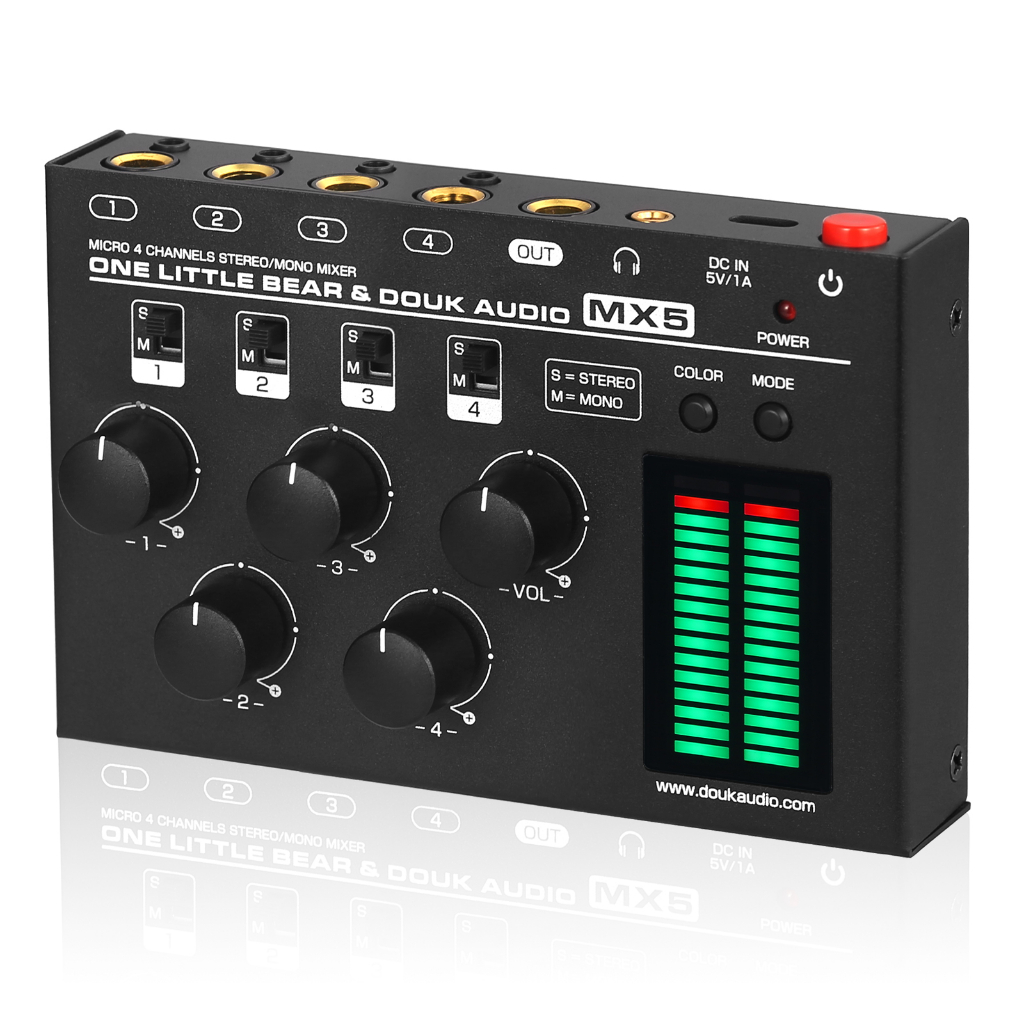 Douk Audio MX5 เครื่องมิกเซอร์เสียงโมโนสเตอริโอ LED 4 ช่องทาง สําหรับคลับ บาร์ สตูดิโอ