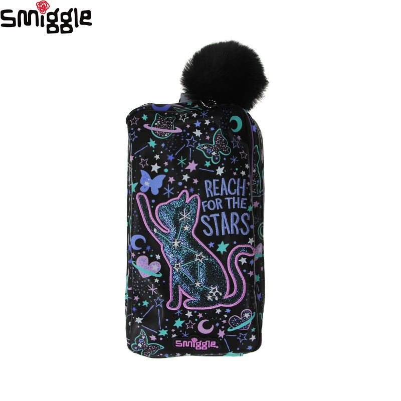 SMIGGLE ออสเตรเลีย ลักลอบ ต้นฉบับ เด็กกรณีดินสอ น่ารัก สาวเครื่องเขียนกล่องสวยสีดํา เต็มไปด้วยดวงดาว แมว โรงเรียนคลัทช์กระเป๋าดินสอ