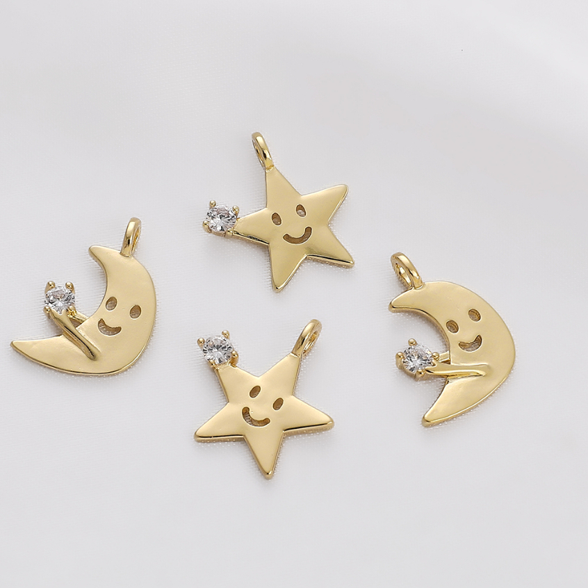 เครื่องประดับ จี้เพทาย ชุบทอง 14k รูปดาว ดวงจันทร์ หน้ายิ้ม DIY