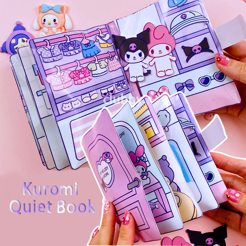 SANRIO การ์ตูนสติกเกอร์หนังสือทำมือ kuromi Melody กึ่งสำเร็จรูปของเล่นสร้างสรรค์แต่งกายสติกเกอร์หนังสือรุ่นหนังสือที่เงียบสงบทำด้วยมือของเล่นเพื่อการศึกษา DIY