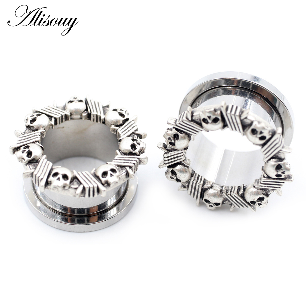 Alisouy 1 ชิ้น สเตนเลส กะโหลก โครงกระดูก เกลียว หู เกจ อุโมงค์ ปลั๊ก ขยาย เปล ต่างหู เจาะร่างกาย เครื่องประดับ