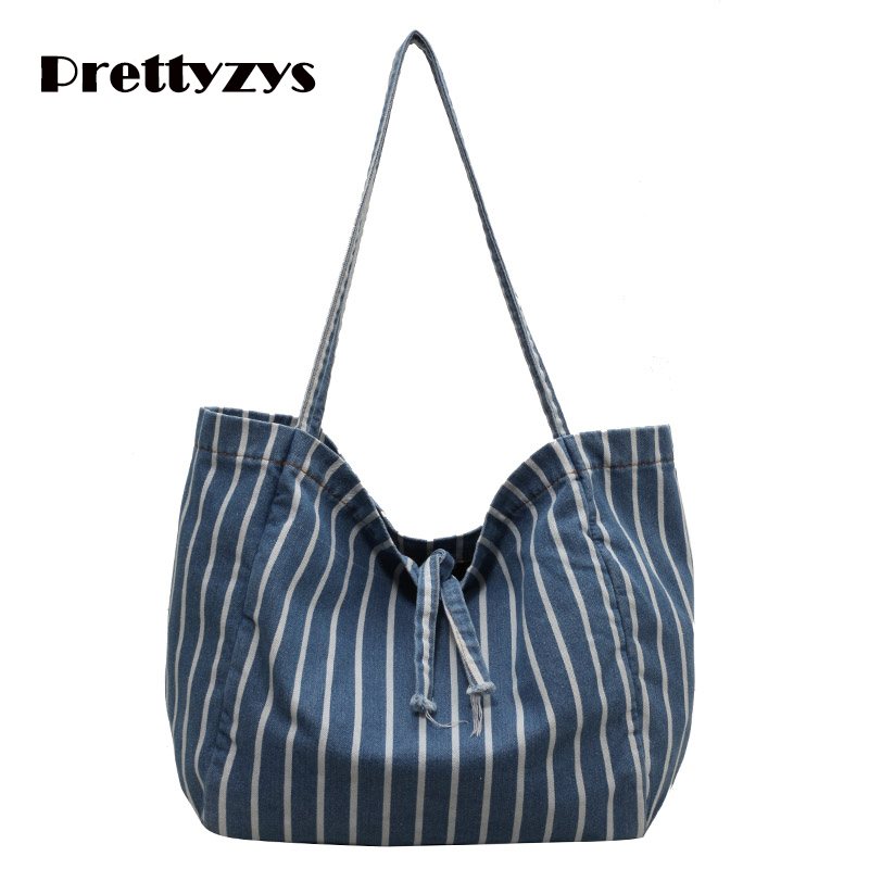 Tote Bag Prettyzys 2023 Korean Large capacity Shopping Stripe Canvas Bag For Women
