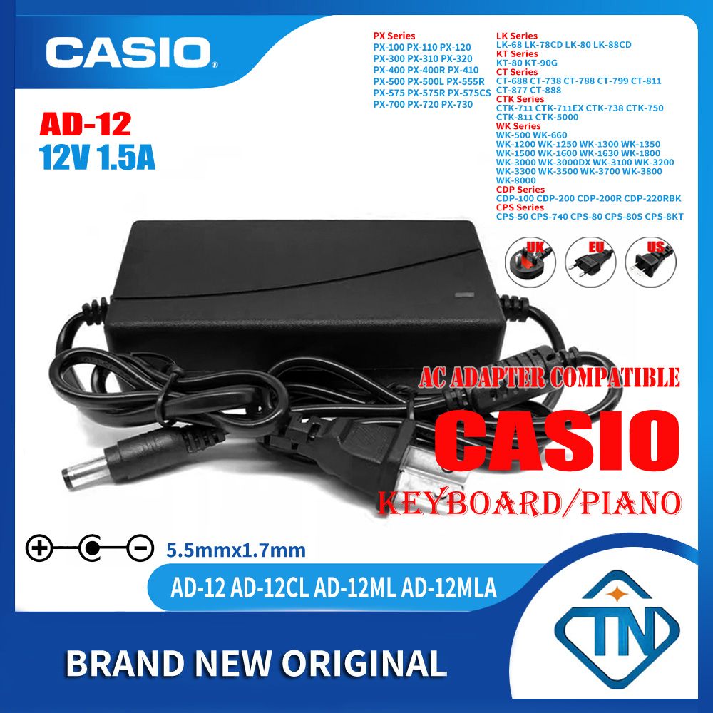 อะแดปเตอร์ชาร์จ 12V 1.5A AD-12 AC สําหรับเปียโนไฟฟ้า Casio CTK-711(EX) CTK-731 CTK-738 CTK-750 CTK-811(EX) CTK-5000