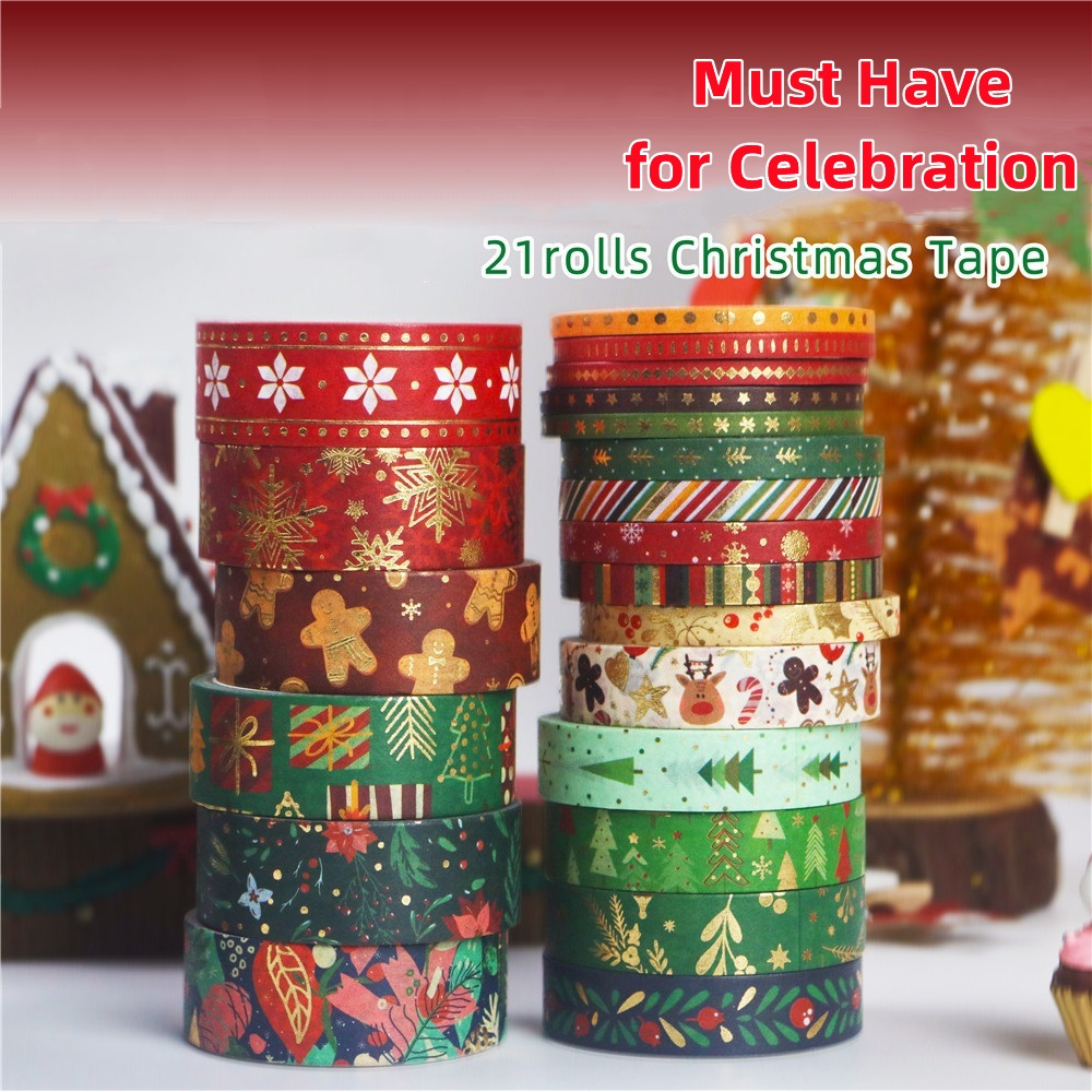 Penlab 21pcs Merry Christmas Washi เทปชุดฟอยล์สีทอง Slim กาวมาส์กสําหรับตกแต่งไดอารี่ C7186