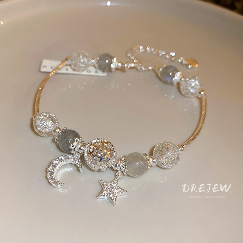 DREJEW สร้อยข้อมือ ประดับลูกปัดคริสตัล เพทาย รูปดาว ดวงจันทร์ หรูหรา แฟชั่นสร้อยข้อมือ เงินแท้