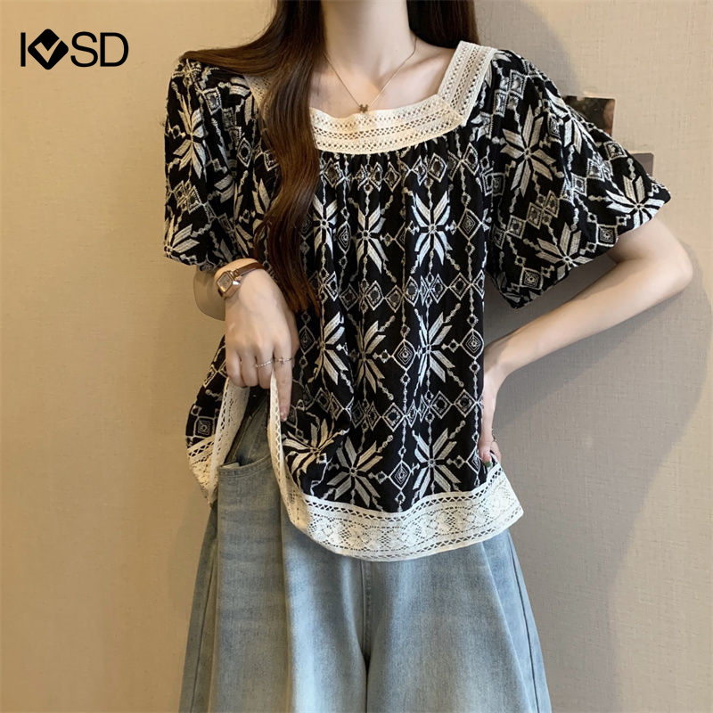 Ivsd เสื้อเบลาส์ แขนสั้น คอสี่เหลี่ยม พิมพ์ลายลูกไม้ ทรงหลวม พลัสไซซ์ สําหรับผู้หญิง