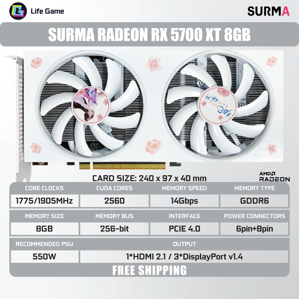 กราฟิกการ์ดกราฟิก GPU RX 5700 XT AMD สีขาวใหม่เอี่ยม