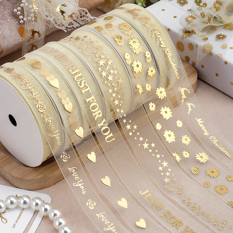 9.1 เมตร / ม้วน Dream Gold Organza Series ริบบิ้น แฮนด์เมด บรรจุภัณฑ์ วัสดุ เค้ก ดอกไม้ บรรจุภัณฑ์ ริบบิ้น