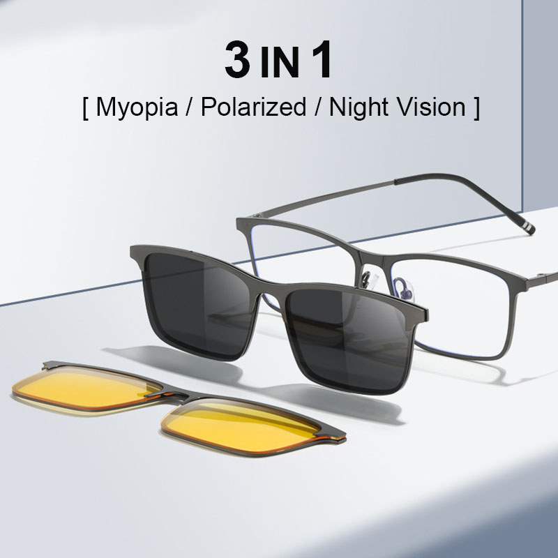 3 ใน 1สแตนเลสป้องกันแสงสีฟ้ากรอบแว่นตาสําหรับผู้ชายโพลาไรซ์ กลางคืน วิสัยทัศน์ คลิปเลนส์ผู้ชายกรอบสี่เหลี่ยมแว่นกันแดดแม่เหล็กดูดซับกรอบ 7025