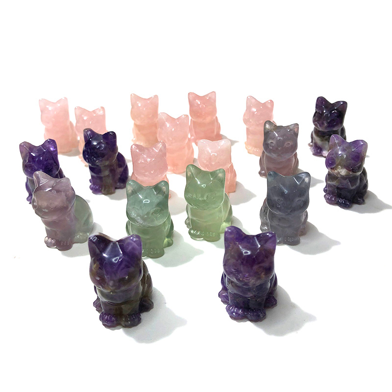 คริสตัลแมวแกะสลักอัญมณีธรรมชาติfigurineเครื ่ องประดับสีชมพูRoseควอตซ ์ Fluorite Amethystสัตว ์ แกะสลักตกแต ่ งบ ้ านของขวัญ