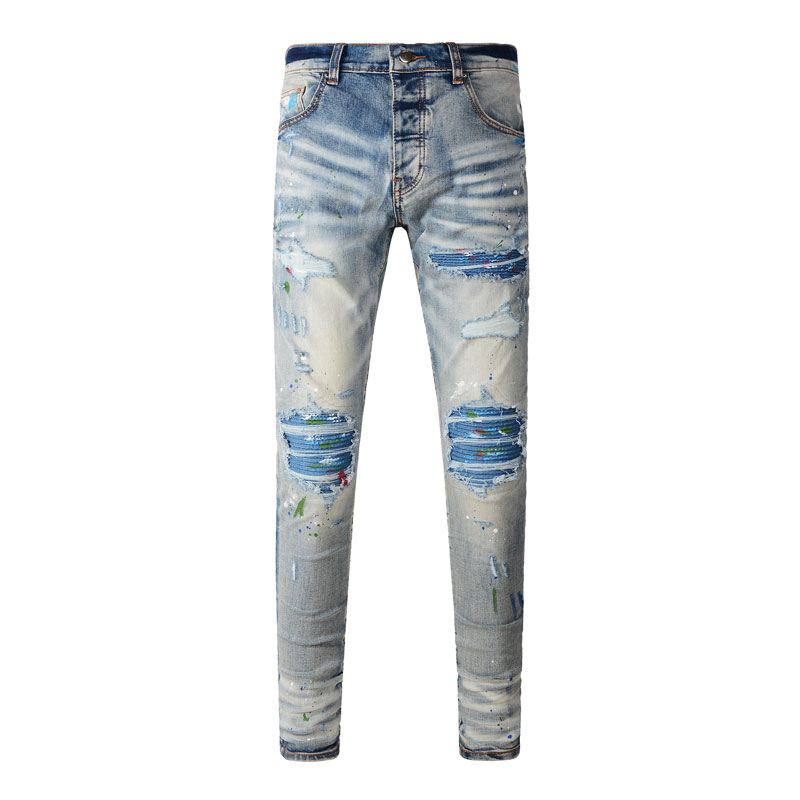 Amiri High Street Fashion Mens Jeans วินเทจสีฟ้าอ่อนผอม Splicing Technics ออกแบบปุ่มกางเกงยีนส์ผู้ชายคุณภาพสูง
