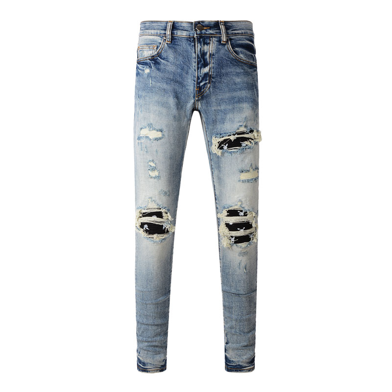 Amiri สตรีทแฟชั่นผู้ชายกางเกงยีนส์วินเทจสีฟ้าแตกแพทช์ออกแบบกระบวนการพิมพ์กางเกงยีนส์ผู้ชายคุณภาพสูง