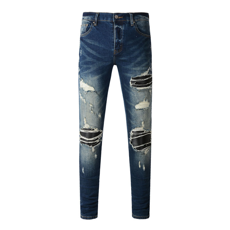 Amiri High Street แฟชั่นผู้ชายกางเกงยีนส์วินเทจสีฟ้ารัดรูปแพทช์หนังพรุนออกแบบแบรนด์งานฝีมือที่มีคุณภาพสูงปุ่มกางเกงยีนส์ผู้ชาย
