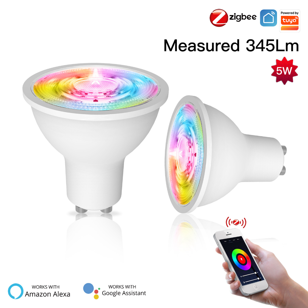 Tuya ZigBee GU10 สมาร์ทหลอดไฟ LED RGB C + W สีขาวหรี่แสงได้โคมไฟ Smart Life APP ควบคุมหลอดไฟเสียง Alexa/Google