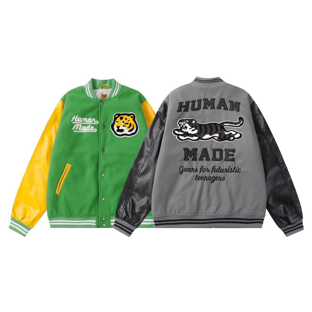 สต็อกพร้อม High Street New Nigo Human Made Tiger Vintage Leather Sleeves Baseball Jacket