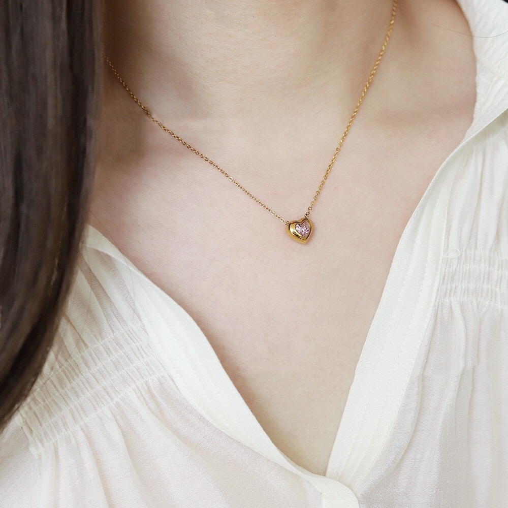 สร้อยคอสเตนเลส ทอง 18K จี้รูปหัวใจน่ารัก สีชมพูหวาน