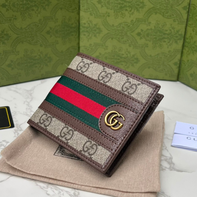 Gucci กระเป๋าสตางค์ หนังแท้ ใบสั้น สีเขียว สําหรับผู้ชาย