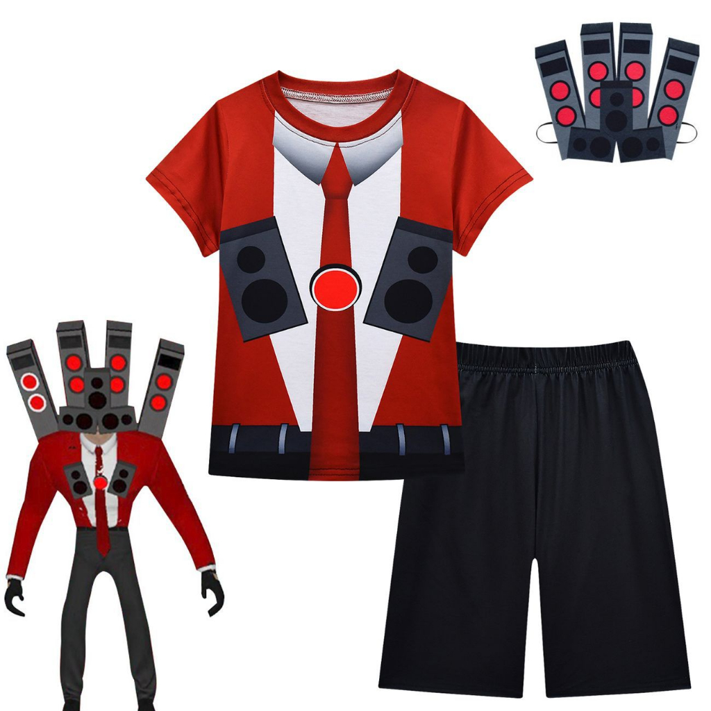 skibidi toilet เสื้อ แขนสั้น + กางเกงขาสั้น + หน้ากาก 3 ชิ้น / ชุด Skibidi ชักโครก คอสเพลย์ เกมสยองข