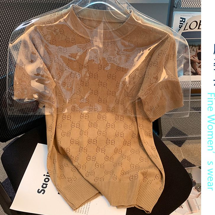 เสื้อยืดผ้าไหมน้ําแข็งแขนสั้นบางเสื้อสเวตเตอร์ผ้าไหมน้ําแข็งกลวง