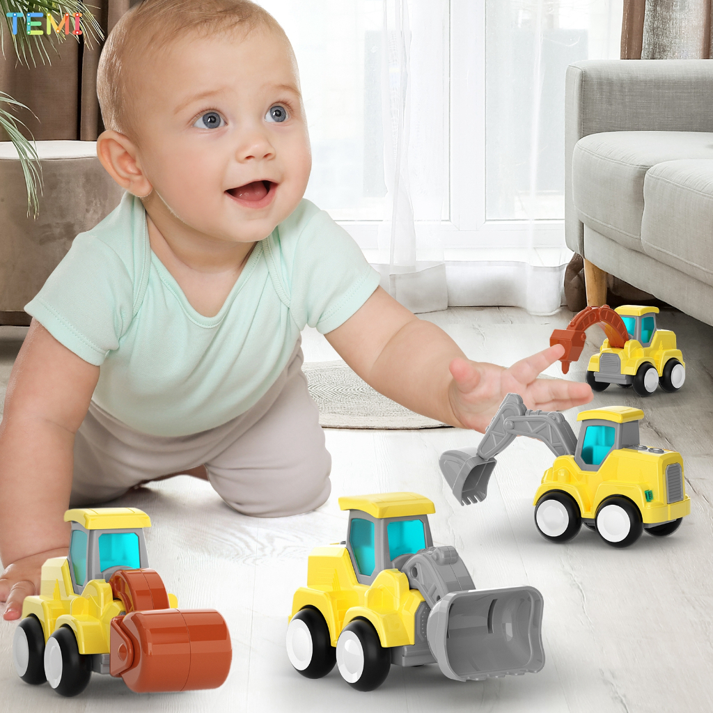 TEMI  ของเล่นรถก่อสร้างแบบกดเดินได้ โดยไม่ต้องใช้ถ่าน,Press and walkable construction vehicle toy, without battery รถลานแบบกด สีเหลือง วิ่งได้