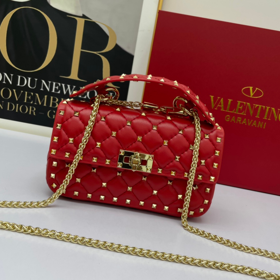 [กล่องของขวัญ สีแดง] Valentino กระเป๋าถือ กระเป๋าสะพายข้าง หนังแท้ 100% แต่งสายโซ่ สําหรับผู้หญิง