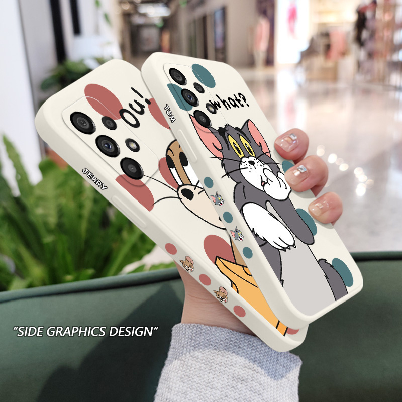 เคสโทรศัพท์มือถือ ซิลิโคน ลายแมว หนู มีลายด้านข้าง สีพื้น สําหรับ Samsung Galaxy A73 A53 A33 A23 4G 5G