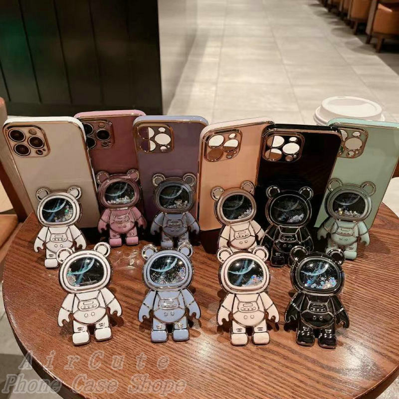 เคส VIVO V30 V29 V29e V27 V25 V23 V23e V21 V20 V19 S1 Pro 4G 5G 2020 2021 2022 2023 Plating Flowing Water Spaceman Bear Stand Protect Camera Soft Case