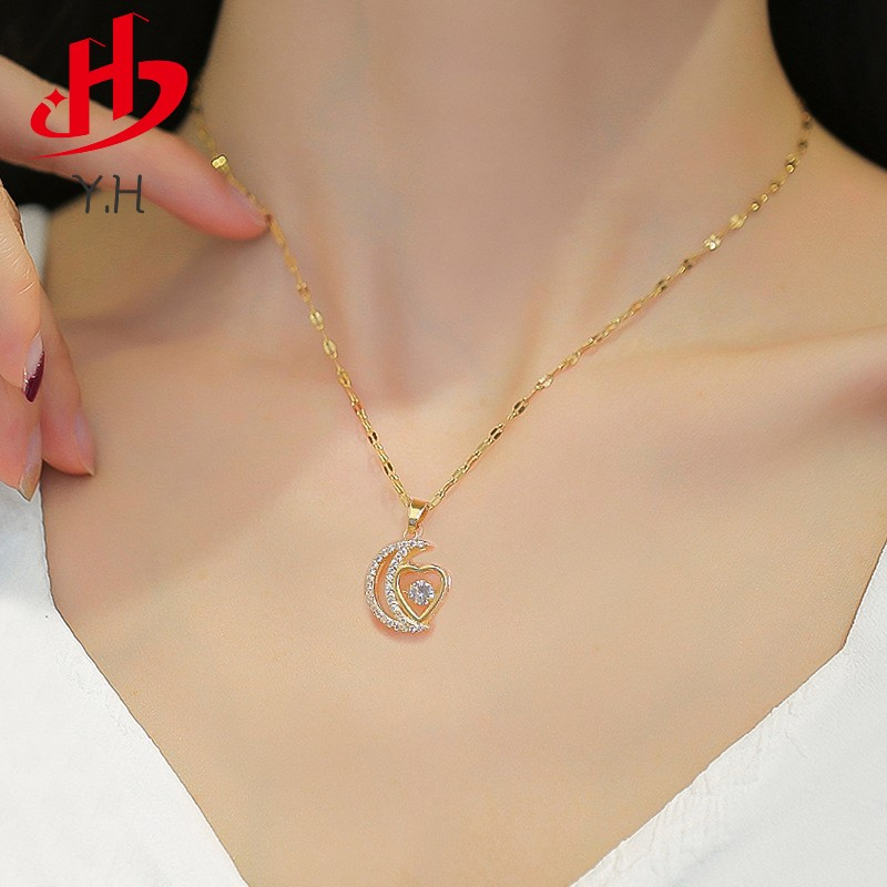 Y.H ดวงจันทร์ รูปหัวใจ 18K สีทอง สร้อยคอสแตนเลส จี้ทองแดง