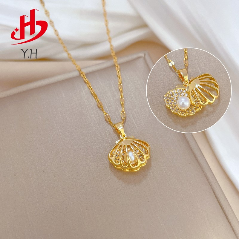⭐Y.H⭐เปลือกไข่มุก 18K สีทอง สร้อยคอสแตนเลส