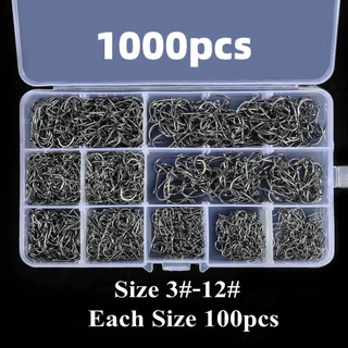 ชุดตะขอตกปลา 1000 ชิ้น เหล็กคาร์บอน ตาเบ็ดตกปลา #3-#12 คละขนาด