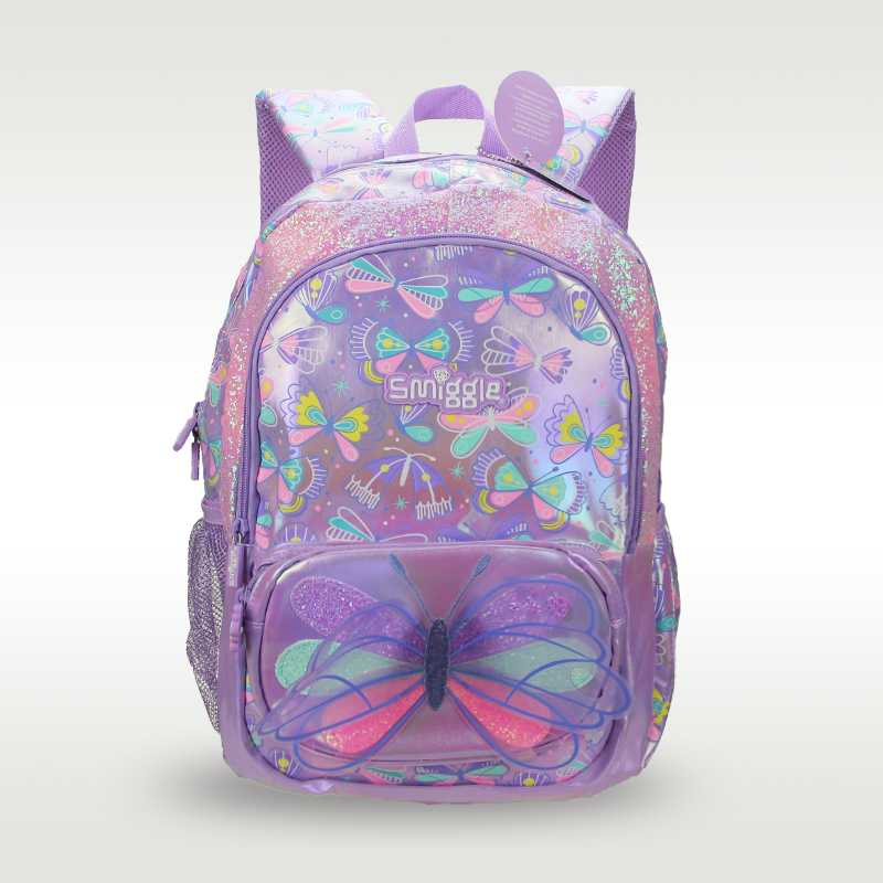 Australia smiggle ของแท้ กระเป๋าเป้สะพายหลัง กระเป๋านักเรียน หนัง PU กันน้ํา ลายผีเสื้อ สีม่วง สําหรับเด็กผู้หญิง อายุ 16 นิ้ว 7-12 ปี