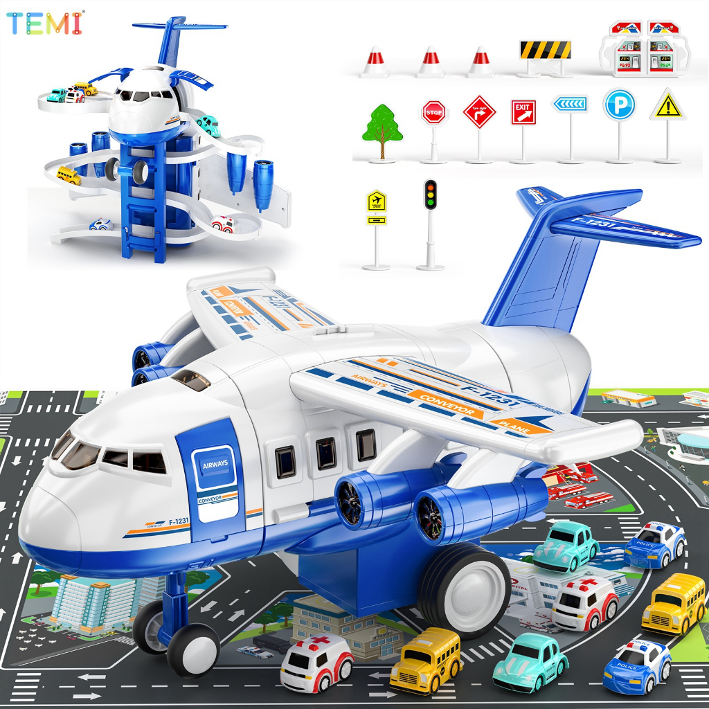 TEMI เครื่องบินของเล่นเด็กชุดของเล่นเครื่องบินพร้อมคลังเก็บรถ เครื่องบินถอดประกอบได้ มีรถเล็ก8คัน ของเล่นสำ พร้อมเอฟเฟกต์เสียงแสง