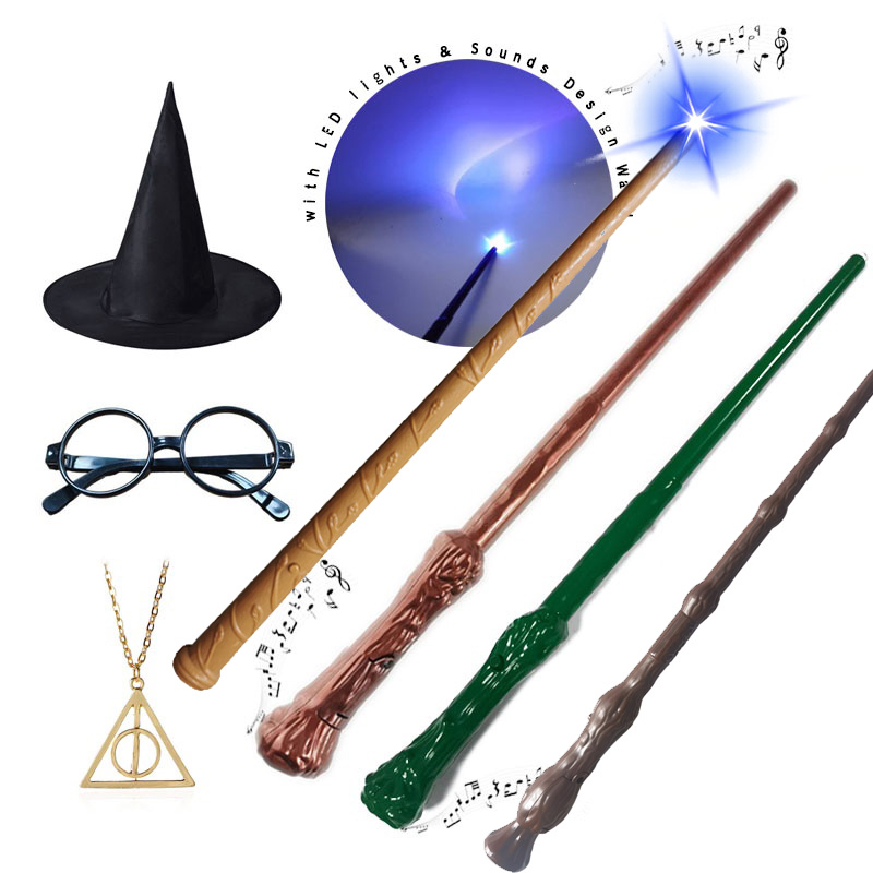 Sound & Light Design Harri Potter Wands คอสเพลย์อุปกรณ์เสริมสําหรับเด็กผู้ใหญ่ Party เครื่องแต่งกายแว่นตาหมวกฮาโลวีนเครื่องแต่งกาย