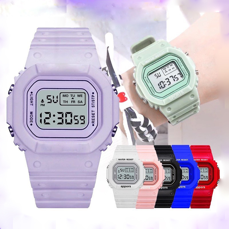 นาฬิกาขายร้อน ! นาฬิกาข้อมือ สีพาสเทล แฟชั่น มีไฟ LED แสดงผล 12/24 ชั่วโมง ดิจิตอล ใส่ได้ทั้งหญิงและชาย สายนิ่ม ใส่สบาย 8 สี