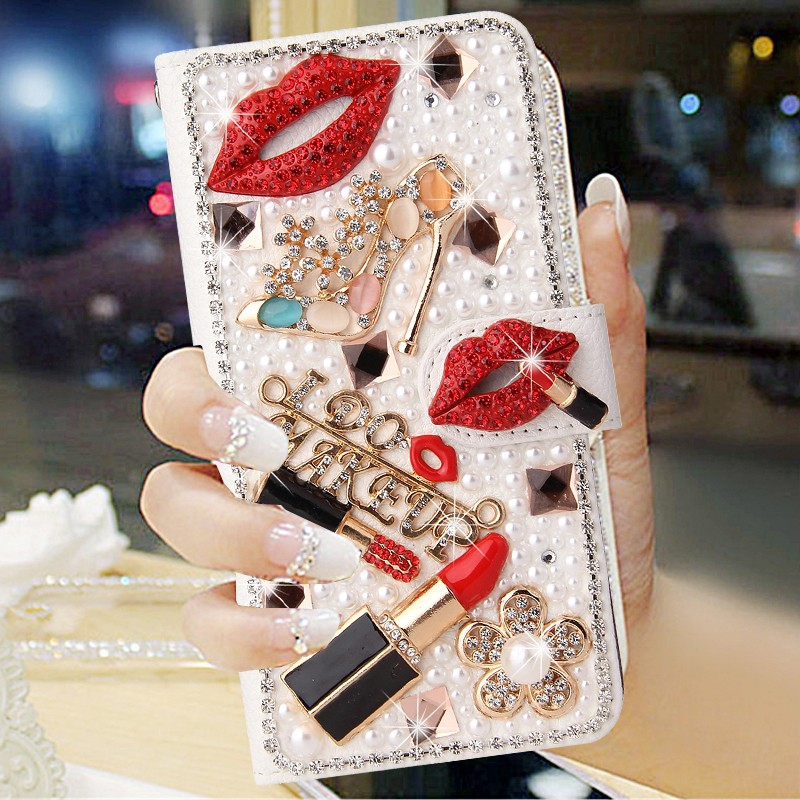 Bling Rhinestoneเพชรเคสโทรศัพท์สําหรับiPhone 17 16 15 Pro Max 11 12 13 14 Pro Max XR X XS MaxปลอกหนังGlitterดอกไม้Lipลิปสติกผู้ถือบัตรกระเป๋าสตางค์พลิกปกหนังสือ