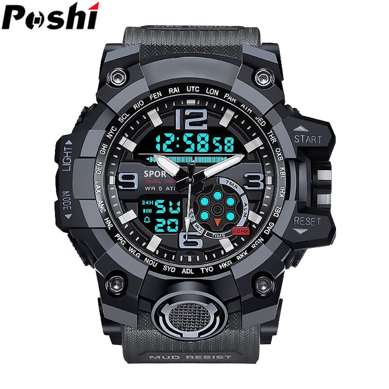Poshi G shock นาฬิกาข้อมือดิจิทัล ควอตซ์ LED อิเล็กทรอนิกส์ กันน้ํา สไตล์ทหาร หรูหรา สําหรับผู้ชาย
