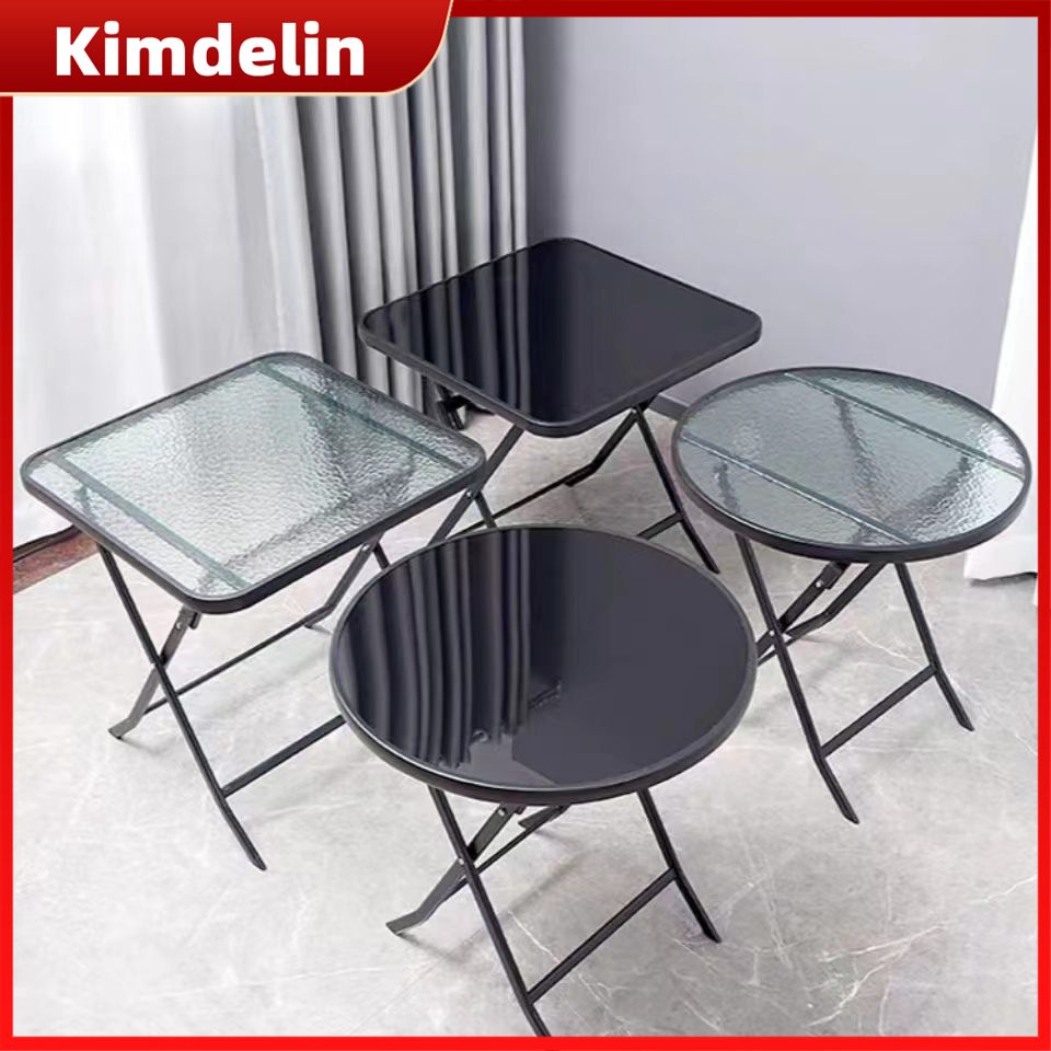 KIMDELIN โต๊ะเฟอร์นิเจอร์กลางแจ้ง 80 ซม. โต๊ะกลมกระจกในสวน ตลาดร่มระเบียงมีรู โต๊ะนอกร้านกาแฟ ในสวน outdoor glass table furniture
