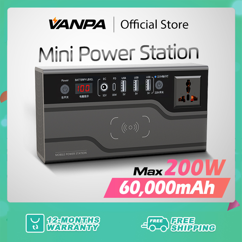Vanpa Power Box 200W ขนาดเล็ก แบบพกพา พร้อม AC DC PD USB สายไฟ