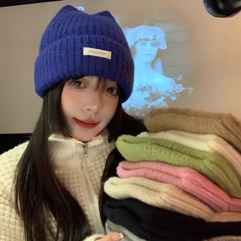 หมวกถัก ผ้าวูล ลายหูแมวน่ารัก ให้ความอบอุ่น สไตล์เกาหลี แฟชั่นฤดูใบไม้ร่วง และฤดูหนาว สําหรับผู้หญิง