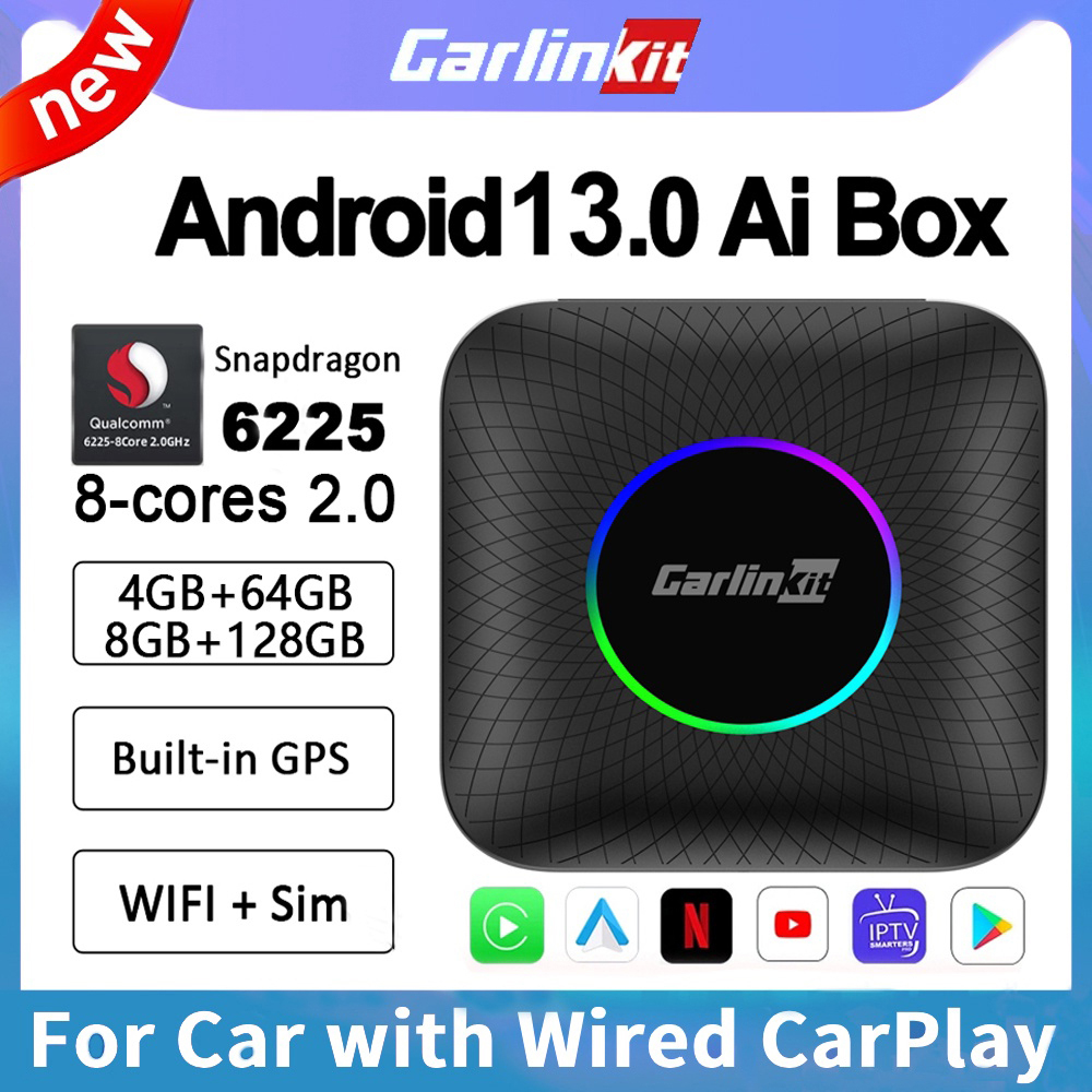 Carlinkit CarPlay Ai กล่องทีวีไร้สาย Android 13 8+128GB QCM 8-Core 6225 Android Auto YouTube Netflix IPTV 4G LTE
