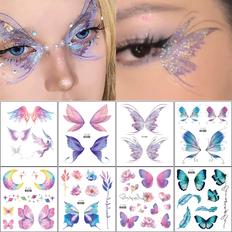 Face Tattoo แทททูผีเสื้อ สติกเกอร์รอยสัก ลายผีเสื้อ แต่งกลิตเตอร์ สําหรับติดตกแต่งเวที แต่งหน้า