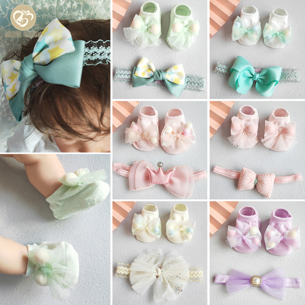 แฟชั่นเด็กทารก เด็กผู้หญิง ของขวัญ ชุดเด็กทารก กันลื่น ถุงเท้า พื้น รองเท้า พร้อมลูกไม้ โบ ที่คาดผม